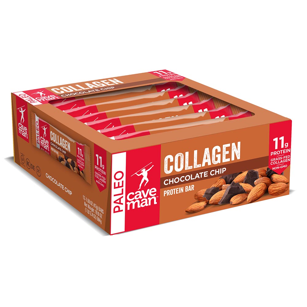 Caveman Foods Collagen Bars Chocolate Chip 12 (1.65 oz.) bars per box