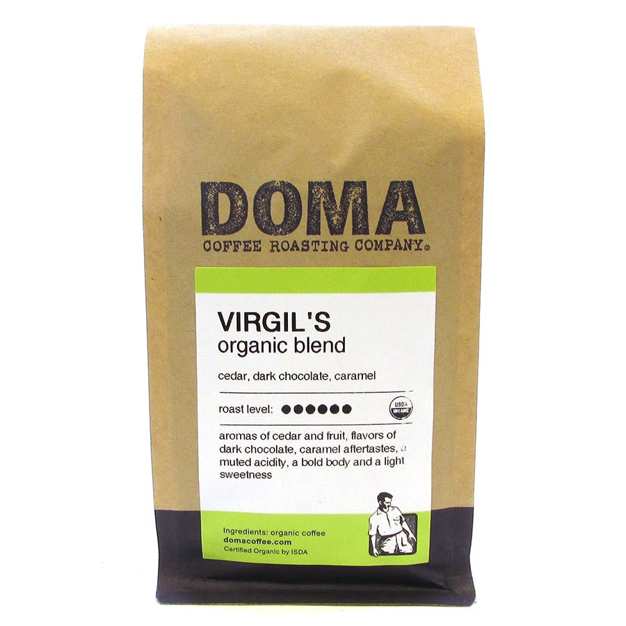 DOMA Coffee Roasting Company Fair Trade Coffee Virgil's Blend (Cedar, Dark Chocolate, Caramel) Organic Whole Bean 12 oz.