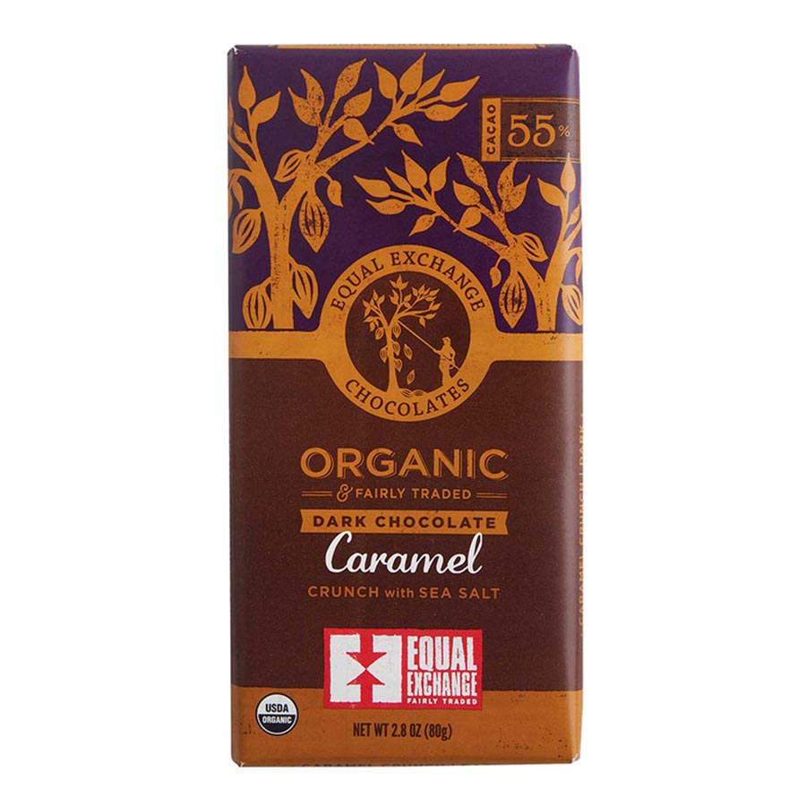 Equal Exchange Organic Chocolate Bars (Seasonal) Dark Chocolate Caramel Crunch with Sea Salt (55% Cacao) 12 (2.8 oz.) bars per box