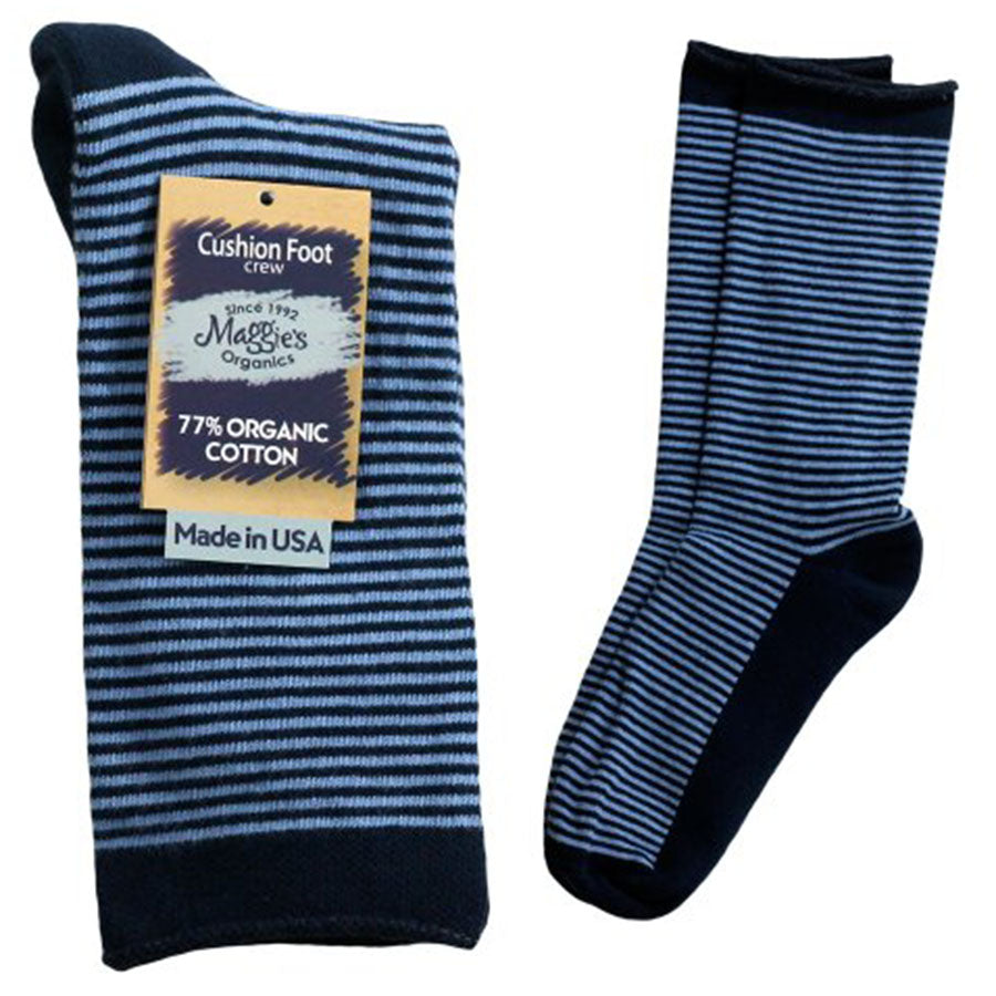 Maggie's Functional Organics Crew Socks Blue/Navy Striped Cushion Size 9-11