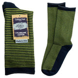 Maggie's Functional Organics Crew Socks Navy/Green Striped Cushion Size 9-11
