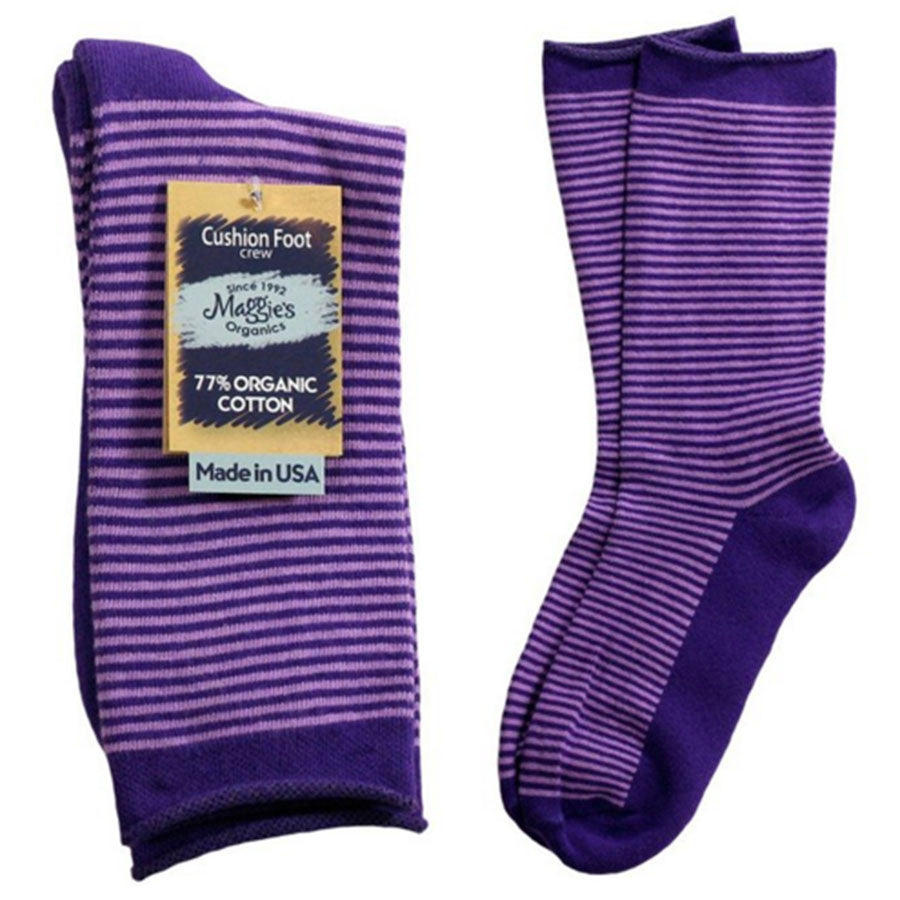 Maggie's Functional Organics Crew Socks Purple Striped Cushion Size 9-11