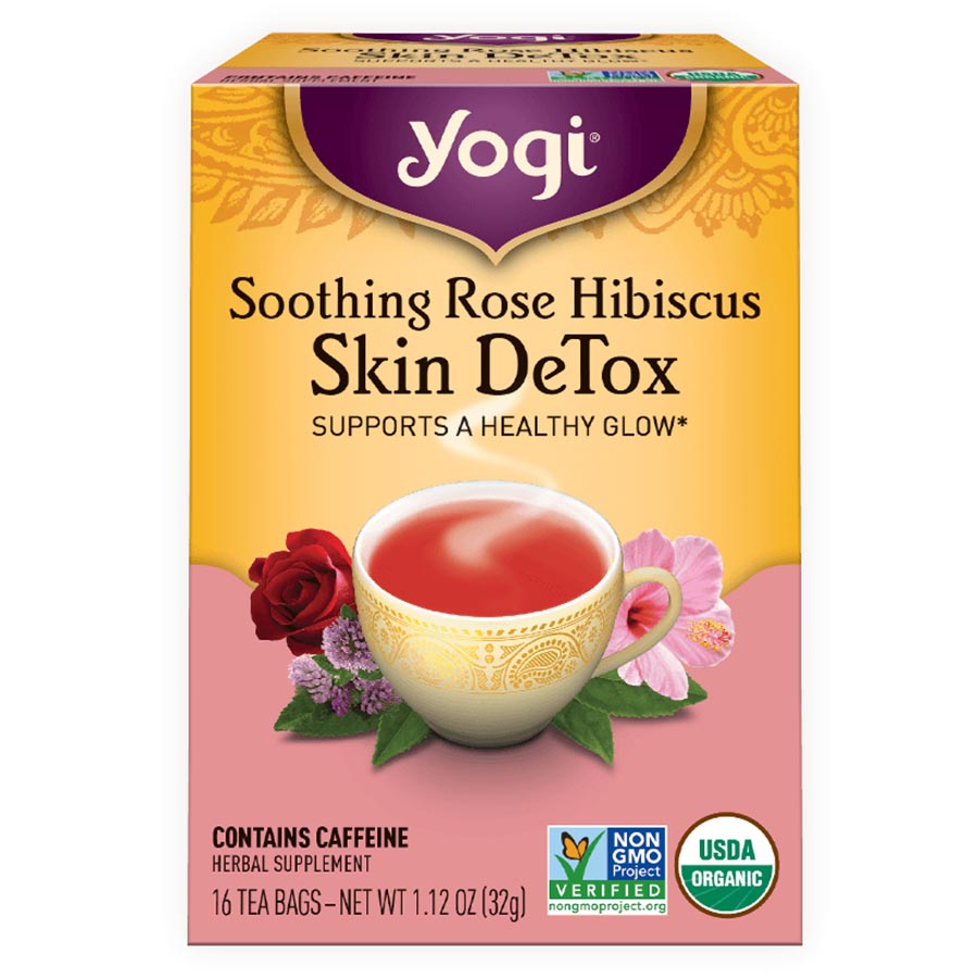 Yogi Tea Green Tea (contains caffeine) Skin Detox, Rose Hibiscus 16 tea bags